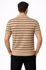 Erkek Triko Polo Yaka Fermuarlı Çizgili Tişört T-Shirt Yazlık Şık - Kahverengi - Görsel 3
