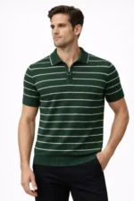 Erkek Triko Polo Yaka Fermuarlı Çizgili Tişört T-Shirt Yazlık Şık - Yeşil