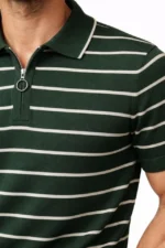 Erkek Triko Polo Yaka Fermuarlı Çizgili Tişört T-Shirt Yazlık Şık - Yeşil - Görsel 2