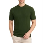 Erkek Yazlık Fitilli Triko Tişört Kısa Kol Bisiklet Yaka T-Shirt - Haki