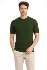 Erkek Yazlık Fitilli Triko Tişört Kısa Kol Bisiklet Yaka T-Shirt - Haki
