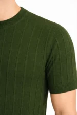 Erkek Yazlık Fitilli Triko Tişört Kısa Kol Bisiklet Yaka T-Shirt - Haki - Görsel 2