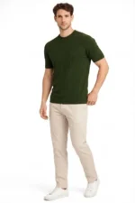 Erkek Yazlık Fitilli Triko Tişört Kısa Kol Bisiklet Yaka T-Shirt - Haki - Görsel 3