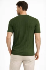 Erkek Yazlık Fitilli Triko Tişört Kısa Kol Bisiklet Yaka T-Shirt - Haki - Görsel 4
