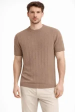 Erkek Yazlık Fitilli Triko Tişört Kısa Kol Bisiklet Yaka T-Shirt - Kahverengi