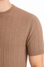 Erkek Yazlık Fitilli Triko Tişört Kısa Kol Bisiklet Yaka T-Shirt - Kahverengi - Görsel 2