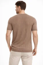 Erkek Yazlık Fitilli Triko Tişört Kısa Kol Bisiklet Yaka T-Shirt - Kahverengi - Görsel 4