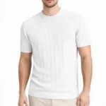 Erkek Yazlık Fitilli Triko Tişört Kısa Kol Bisiklet Yaka T-Shirt - Beyaz