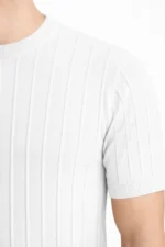 Erkek Yazlık Fitilli Triko Tişört Kısa Kol Bisiklet Yaka T-Shirt - Beyaz - Görsel 2