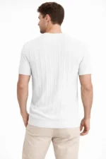 Erkek Yazlık Fitilli Triko Tişört Kısa Kol Bisiklet Yaka T-Shirt - Beyaz - Görsel 3