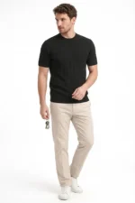 Erkek Yazlık Fitilli Triko Tişört Kısa Kol Bisiklet Yaka T-Shirt - Siyah - Görsel 3