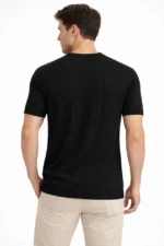 Erkek Yazlık Fitilli Triko Tişört Kısa Kol Bisiklet Yaka T-Shirt - Siyah - Görsel 4