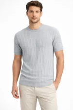 Erkek Yazlık Fitilli Triko Tişört Kısa Kol Bisiklet Yaka T-Shirt - Gri