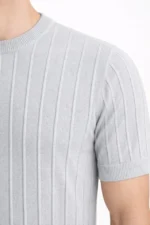 Erkek Yazlık Fitilli Triko Tişört Kısa Kol Bisiklet Yaka T-Shirt - Gri - Görsel 2