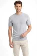 Erkek Yazlık Fitilli Triko Tişört Kısa Kol Bisiklet Yaka T-Shirt - Gri - Görsel 3