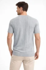 Erkek Yazlık Fitilli Triko Tişört Kısa Kol Bisiklet Yaka T-Shirt - Gri - Görsel 4