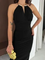 Uzun Abiye Elbise Yırtmaçlı Sırt Dekolteli Şık Gece Elbisesi - Siyah