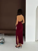 Uzun Abiye Elbise Yırtmaçlı Sırt Dekolteli Şık Gece Elbisesi - Bordo - Görsel 2