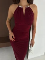 Uzun Abiye Elbise Yırtmaçlı Sırt Dekolteli Şık Gece Elbisesi - Bordo - Görsel 3