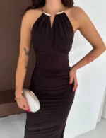 Uzun Abiye Elbise Yırtmaçlı Sırt Dekolteli Şık Gece Elbisesi - Kahverengi