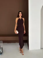 Uzun Abiye Elbise Yırtmaçlı Sırt Dekolteli Şık Gece Elbisesi - Kahverengi - Görsel 2