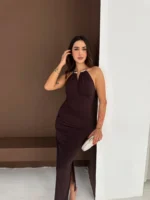 Uzun Abiye Elbise Yırtmaçlı Sırt Dekolteli Şık Gece Elbisesi - Kahverengi - Görsel 3