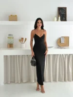 Askılı Uzun Elbise V Yaka Şık Gece Elbisesi Vücuda Oturan - Siyah - Görsel 2