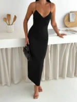 Askılı Uzun Elbise V Yaka Şık Gece Elbisesi Vücuda Oturan - Siyah - Görsel 3
