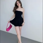 Straplez Mini Etek Görünümlü Şortlu Elbise Büzgülü Şık Yazlık - Siyah