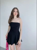 Straplez Mini Etek Görünümlü Şortlu Elbise Büzgülü Şık Yazlık - Siyah - Görsel 3