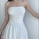 Straplez Mini Etek Görünümlü Şortlu Elbise Büzgülü Şık Yazlık - Beyaz