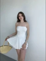 Straplez Mini Etek Görünümlü Şortlu Elbise Büzgülü Şık Yazlık - Beyaz - Görsel 4