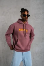 Erkek 3 İplik Pamuklu Kapüşonlu Baskılı Cepli Oversize Sweatshirt Hoodie - Gül Kurusu