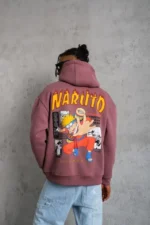 Erkek 3 İplik Pamuklu Kapüşonlu Baskılı Cepli Oversize Sweatshirt Hoodie - Gül Kurusu - Görsel 2