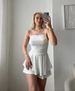 Straplez Mini Etek Görünümlü Şortlu Elbise Büzgülü Şık Yazlık - Beyaz