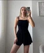 Straplez Mini Etek Görünümlü Şortlu Elbise Büzgülü Şık Yazlık - Siyah