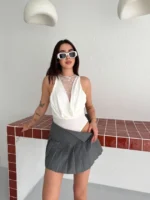 Dantel Detaylı Derin Dekolte Body Şık Kolsuz Yazlık Bodysuit - Beyaz