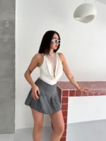 Dantel Detaylı Derin Dekolte Body Şık Kolsuz Yazlık Bodysuit - Beyaz - Görsel 3