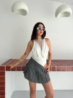 Dantel Detaylı Derin Dekolte Body Şık Kolsuz Yazlık Bodysuit - Beyaz - Görsel 4