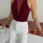 Dantel Detaylı Derin Dekolte Body Şık Kolsuz Yazlık Bodysuit - Bordo