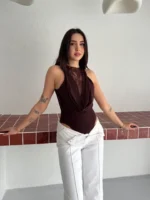 Dantel Detaylı Derin Dekolte Body Şık Kolsuz Yazlık Bodysuit - Kahvrenegi - Görsel 2