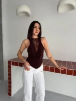 Dantel Detaylı Derin Dekolte Body Şık Kolsuz Yazlık Bodysuit - Kahvrenegi - Görsel 3