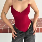 Derin Dekolte Askılı Body Sırt Dekolteli Şık Kolsuz Yazlık Bodysuit - Kırmızı