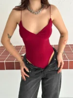 Derin Dekolte Askılı Body Sırt Dekolteli Şık Kolsuz Yazlık Bodysuit - Kırmızı