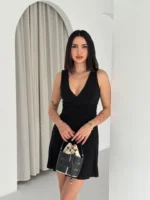 Derin V Yaka Sırt Dekolteli Mini Elbise Drapeli Şık Kolsuz - Siyah - Görsel 4