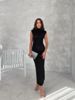 Likralı Simli Kumaş Yandan Yırtmaçlı Uzun Elbise Şık Kolsuz Abiye - Siyah - Görsel 2