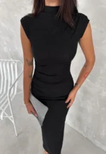 Likralı Simli Kumaş Yandan Yırtmaçlı Uzun Elbise Şık Kolsuz Abiye - Siyah - Görsel 3