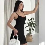 Askılı Mini Elbise Drapeli Göğüs Detay Likralı Yazlık Fit - Siyah