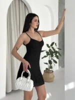 Askılı Mini Elbise Drapeli Göğüs Detay Likralı Yazlık Fit - Siyah