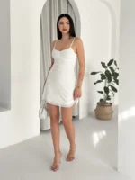 Askılı Mini Elbise Drapeli Göğüs Detay Likralı Yazlık Fit - Beyaz - Görsel 3